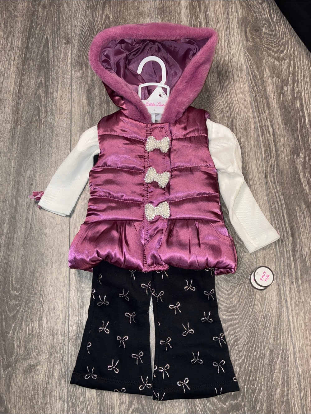Little Lass Magenta Satin Hooded Puffer Vest Set with Bow Accents 12M